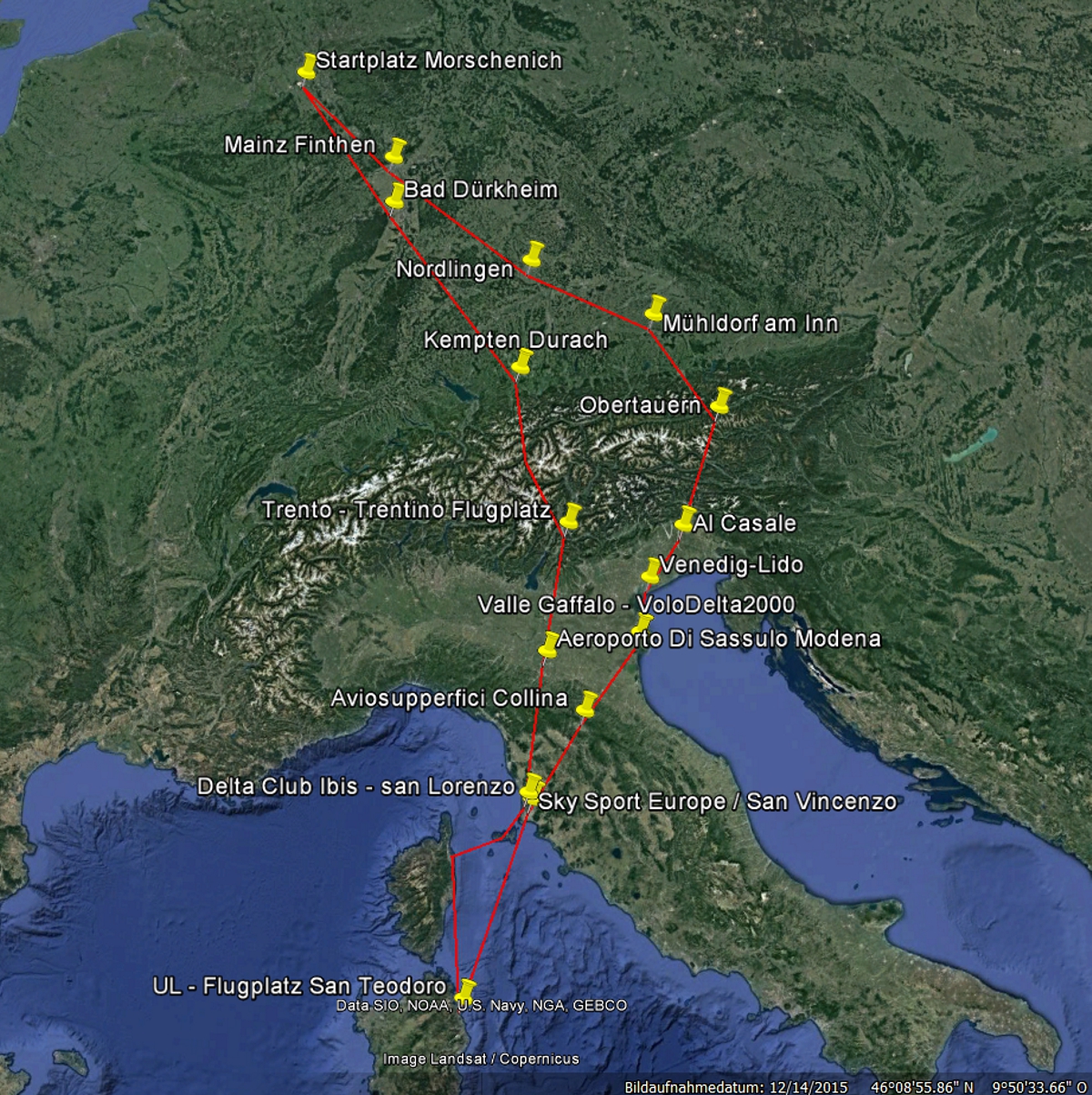 Sardinien Flugstrecke hin und zurück, zurück-300km über Wasser!
